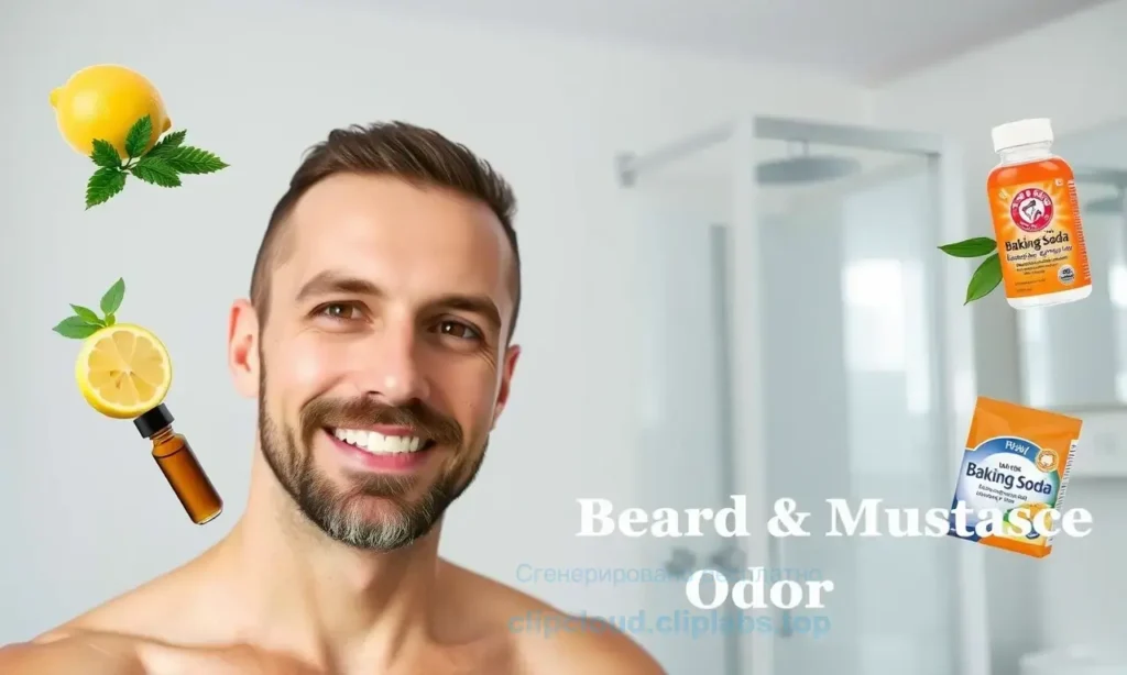 A clean-shaven man with a well-groomed beard and mustache, smiling confidently, with fresh herbs and natural ingredients like lemon, tea tree oil, and baking soda floating around him in a bright, hygienic bathroom setting, symbolizing effective home remedies for beard and mustache odor