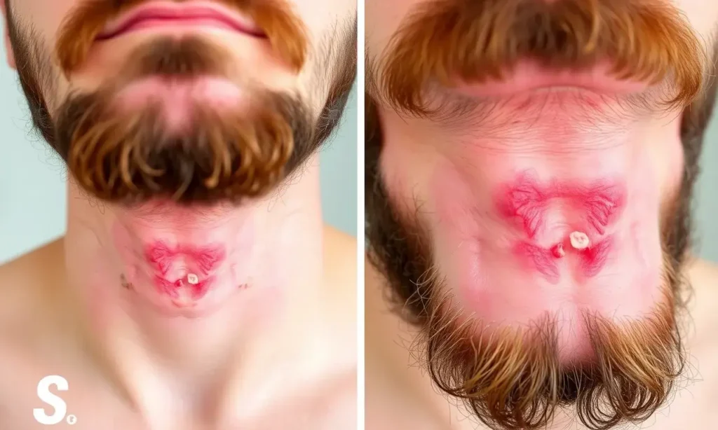 A person with a beard experiencing itching and dryness under the beard area, showing skin irritation and discomfort. The image should depict the affected skin under the beard with visible redness, dry patches, and slight inflammation. Avoid any text, numbers, or letters in the image.
