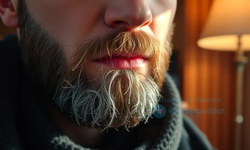 A close-up of a well-groomed beard in winter, showing healthy, moisturized facial hair with subtle frost on the tips, soft natural lighting, a man's jawline and neck visible in the background, wearing a dark wool scarf, indoor setting with warm ambient light from a nearby lamp, no text, no logos, no signs, no additional objects