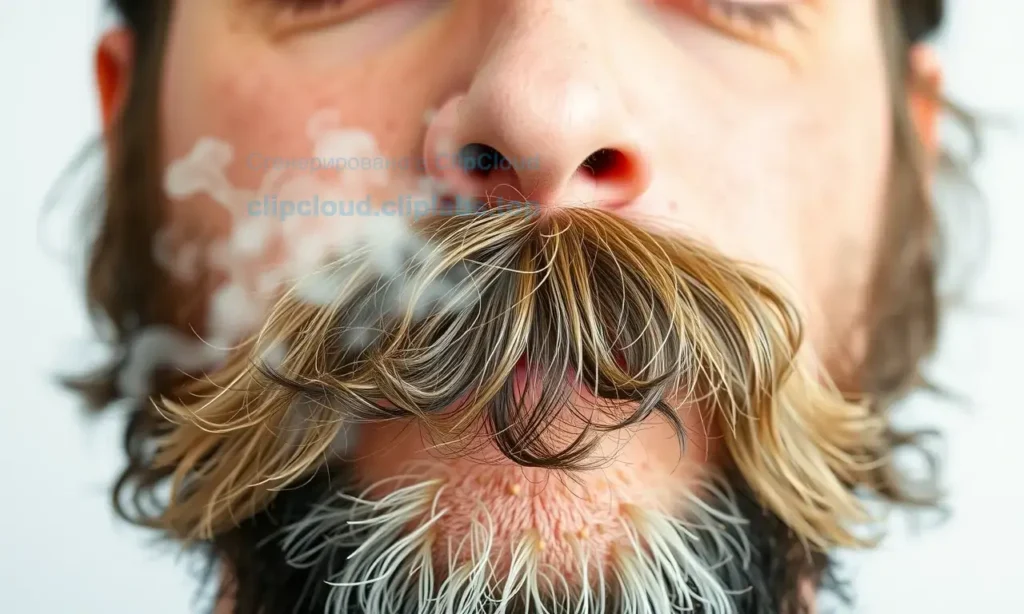 A close-up portrait of a man with a full beard and mustache, showing a faint unpleasant odor visualized as subtle wisps or particles rising from his facial hair, realistic skin texture, natural lighting, neutral background