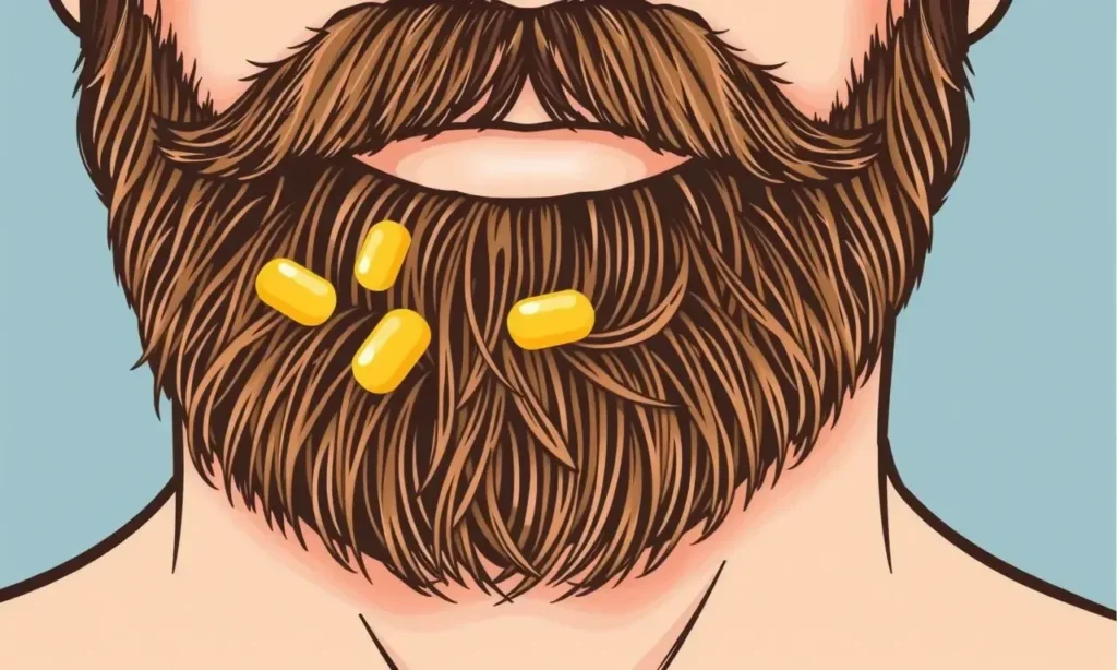 A close-up illustration showing a man's beard with individual hairs visibly stuck together by beard wax, demonstrating the effect of wax clumping hair strands, with clear visual focus on the wax's adhesive properties on facial hair