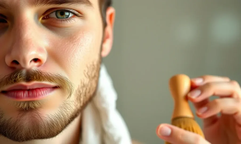 A close-up of a young man's face in the early stages of beard growth, showing soft, fine beard fuzz. The image should depict a gentle grooming routine: a warm shower setting with a mild, natural facial cleanser, a soft towel drying the face, a small bottle of beard oil or balm, and a wooden beard brush. The lighting is soft and natural, highlighting the smooth skin and the subtle texture of the beard. The background is blurred and neutral, focusing on the man's relaxed expression and the groomin