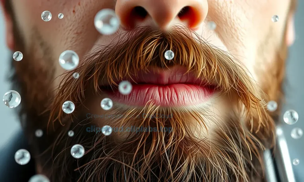 A close-up of a man's beard and mustache with visible unpleasant odor particles floating around, showing a clean and fresh environment, realistic detail, high quality