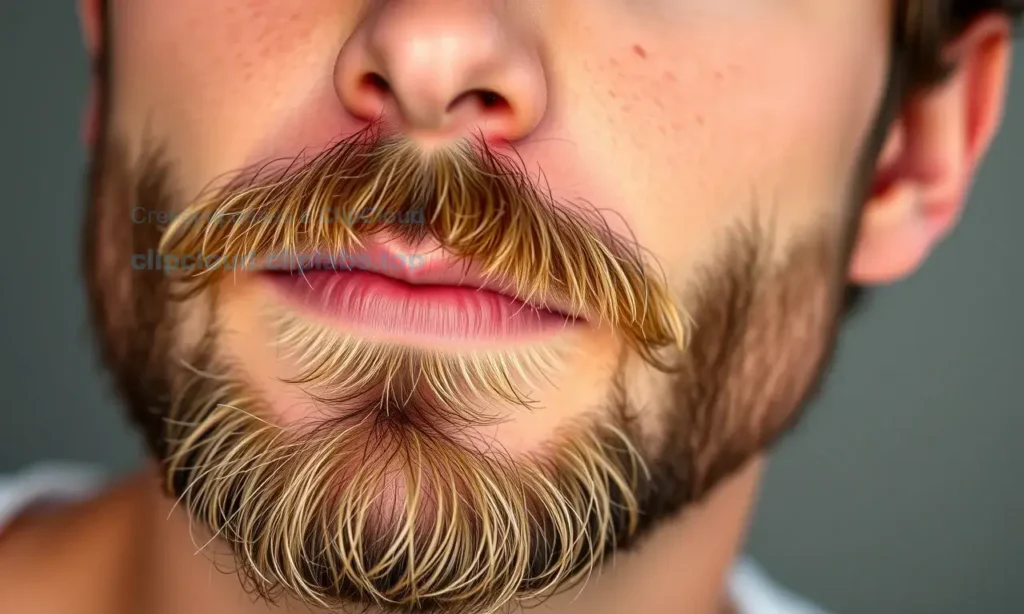 A close-up of a well-groomed male model with a neatly trimmed beard, focusing on the dry split ends of the beard, showing natural skin texture on the face, realistic lighting, high detail, no text or symbols on the image