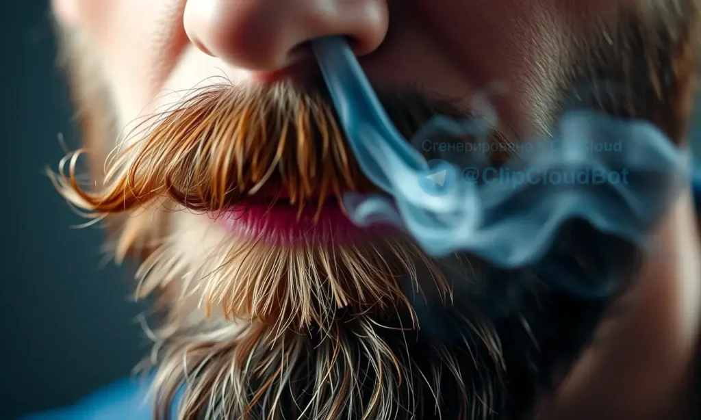 A close-up of a man's beard with visible smoke wisps and a faint tobacco scent visualized as subtle haze, showing fresh clean hair around the beard area, realistic detail, natural lighting