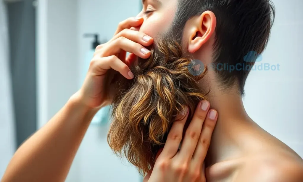 A person applying beard oil to a well-groomed beard, showing the oil being massaged into the beard and skin underneath. The scene should depict a clean, well-lit bathroom environment with a mirror reflecting the action. The person's face should be partially visible, focusing on the beard area. The oil should appear as a subtle sheen on the beard hairs, emphasizing nourishment and care. The image should convey a sense of routine and self-care, with no text or labels present.