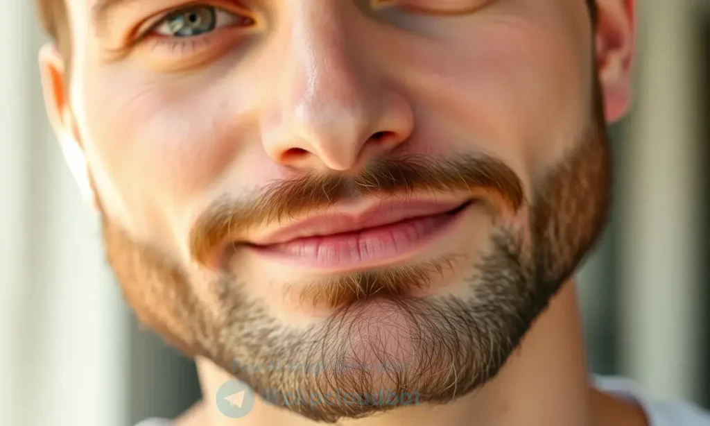 A close-up of a well-groomed man with a neatly trimmed short beard, clean-shaven cheeks, smooth skin, and a confident expression, showing proper beard care and hygiene, with natural lighting and high detail