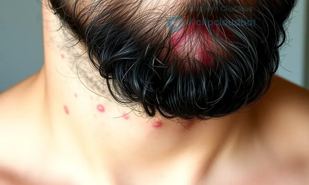 A close-up of a man's beard area showing small red pimples on the skin beneath the beard, with a subtle hint of grooming products like beard oil or balm nearby, realistic skin texture, natural lighting, no text or symbols on the skin