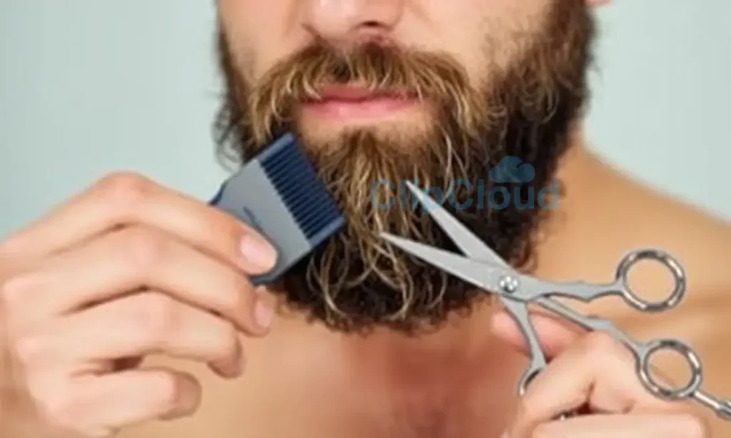 A man grooming his beard with a comb and scissors, showing a well-maintained beard, clean and trimmed, with a focus on beard care tools and a tidy appearance, in a realistic style