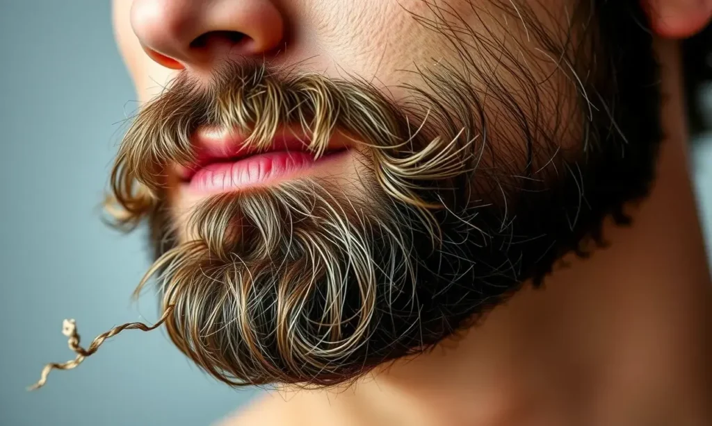 A close-up of a man's beard gently shedding small clumps of hair, with a few loose strands floating in the air, showing natural hair loss, soft lighting, realistic skin texture, and a calm expression, emphasizing healthy beard care