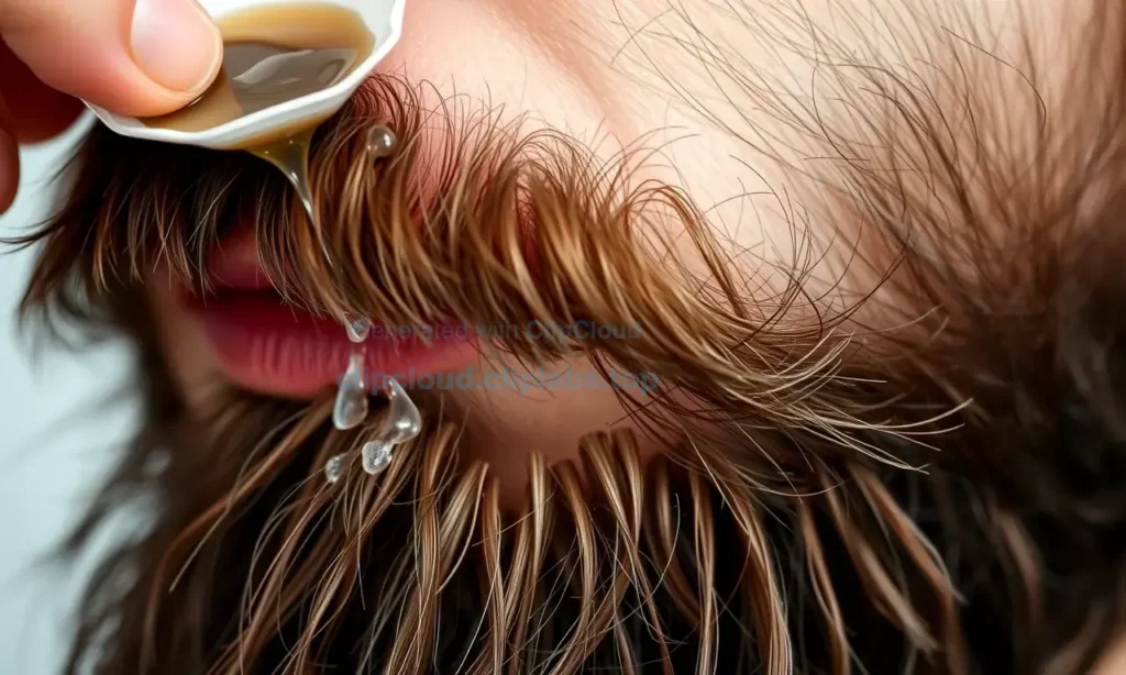 A close-up of a well-groomed beard with visible droplets of beard wax being carefully applied, showing smooth texture and natural hair strands without clumping or stickiness, soft natural lighting, realistic detail, high quality