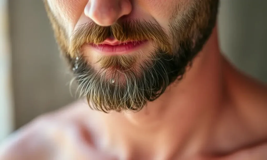 A close-up of a man's beard in hot weather, showing sweat droplets on the skin, a clean and well-groomed beard, and a refreshing breeze effect to symbolize cooling, no text or letters on the image