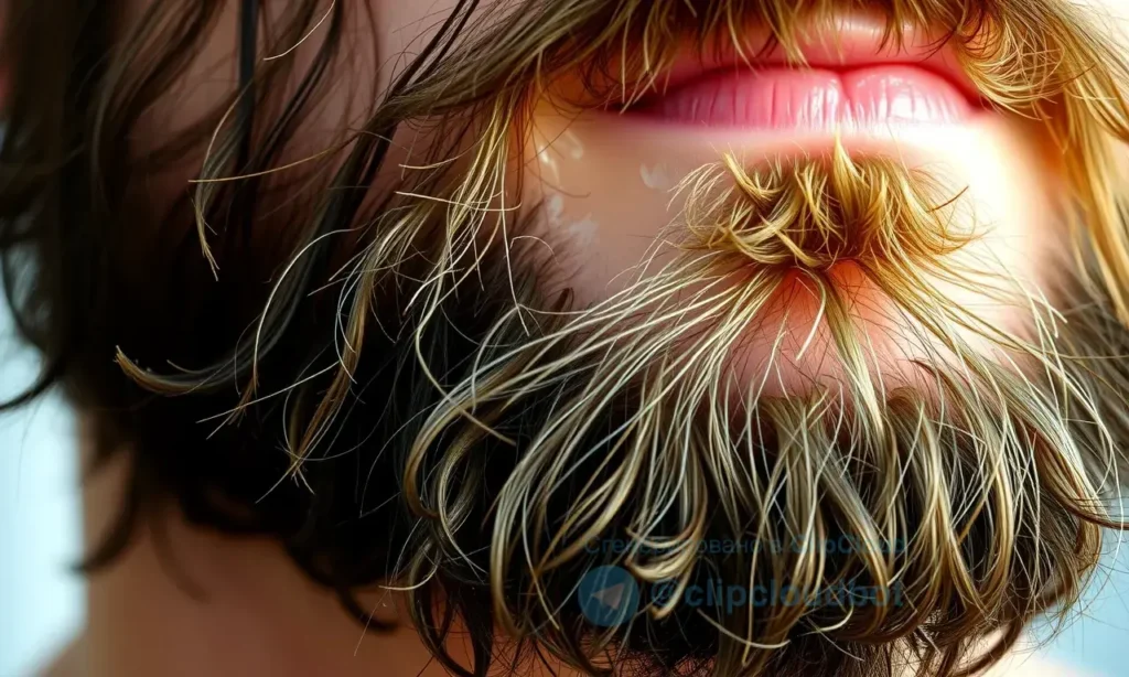 A close-up of a man's beard showing oily roots and dry ends, with visible contrast between greasy hair near the skin and brittle, frizzy tips, soft natural lighting, realistic skin texture, no text or symbols