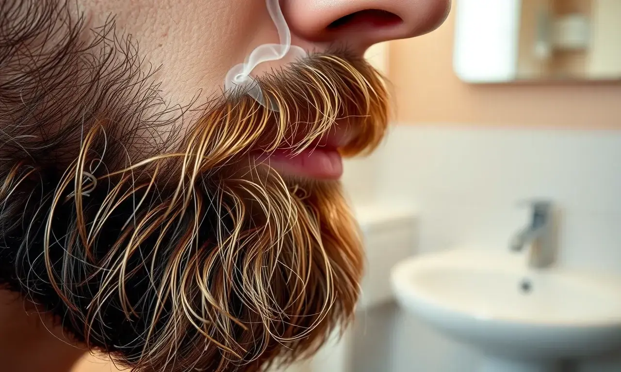 A close-up of a man's beard with visible tobacco smoke residue, showing strands of facial hair slightly discolored and emitting faint gray wisps of smoke, set against a soft blurred bathroom background with a sink and mild natural lighting, emphasizing texture and realism without any text or symbols