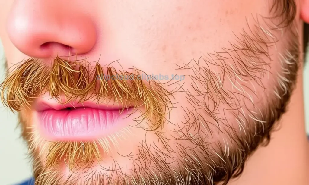 A close-up of a man's face showing patchy and uneven beard growth, with some areas having sparse stubble and others with thicker hair, highlighting the irregular pattern of beard development
