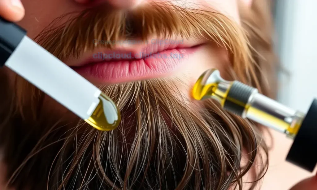 A close-up of a well-groomed beard with split ends being gently treated with natural beard oil, showing healthy, smooth hair strands without any cutting or trimming tools visible, soft natural lighting, realistic skin texture, subtle beard follicles, no text, no labels, no symbols