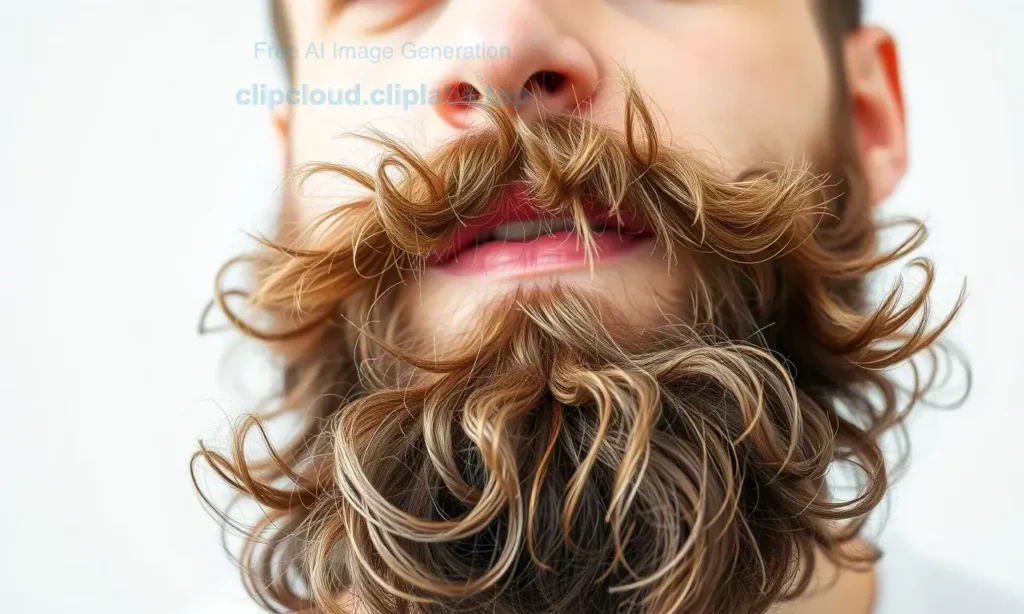 A close-up of a man's beard with individual hairs sticking out in various directions, showing frizz and flyaways, set against a clean white background to emphasize texture and detail, soft natural lighting highlighting the beard's volume and unruliness