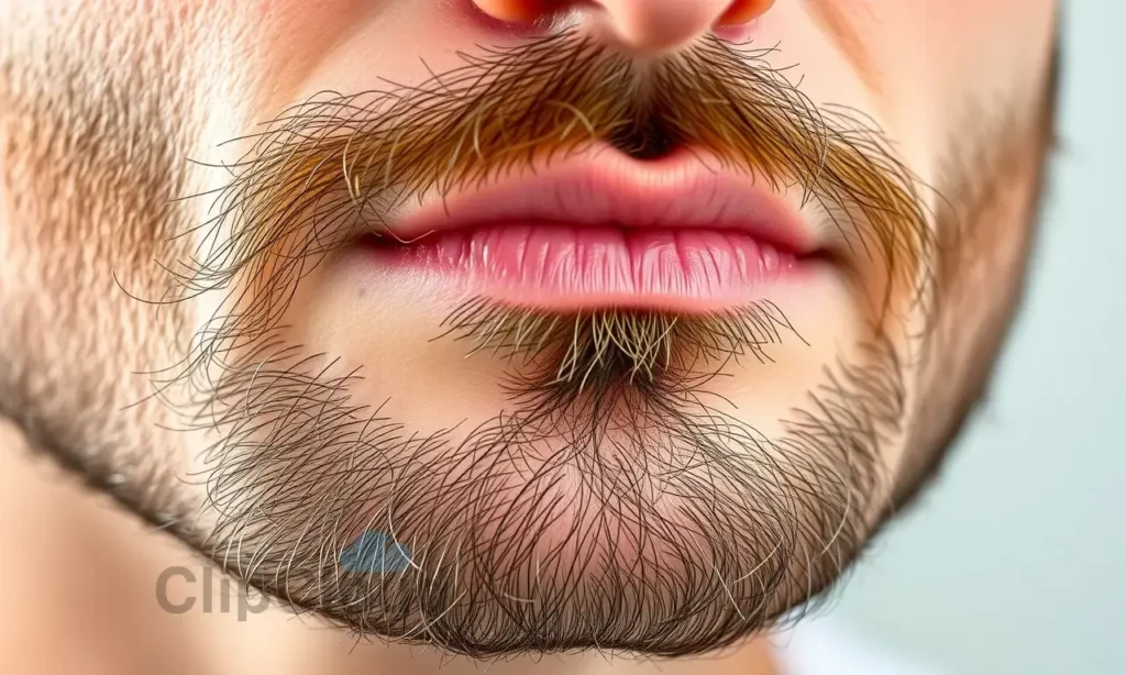 A close-up realistic photograph of a man's beard after hair removal treatment, showing smooth skin with visible fine stubble and irritation, natural lighting, high detail, no text or symbols