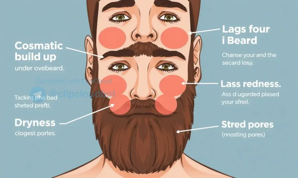 A detailed infographic-style illustration showing a man's face with a beard, highlighting areas where cosmetic product buildup occurs under the beard, with clear labels and arrows indicating signs of overloading such as dryness, redness, and clogged pores, presented in a clean, educational medical illustration style with soft colors and clear text