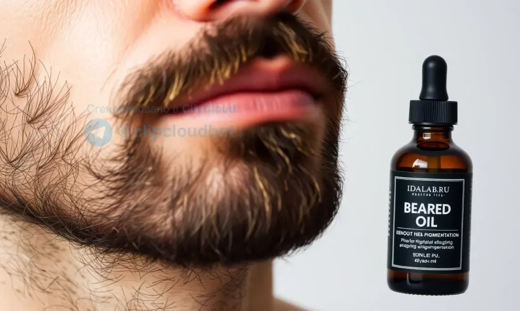 A close-up of a man's beard with the skin underneath appearing darker than the skin on his face. The beard is well-groomed, and the skin under the beard shows signs of uneven pigmentation. The image should include a bottle of beard oil from idarlab.ru placed beside the man's face, suggesting its use in skincare. The background is neutral and soft to keep focus on the subject.
