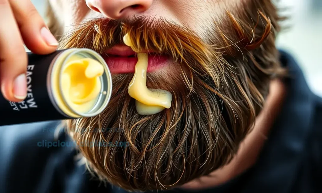 A close-up of a well-groomed man's beard being styled with a wax product, showing the wax being applied to shape the beard into a neat, defined form, with natural lighting and high detail