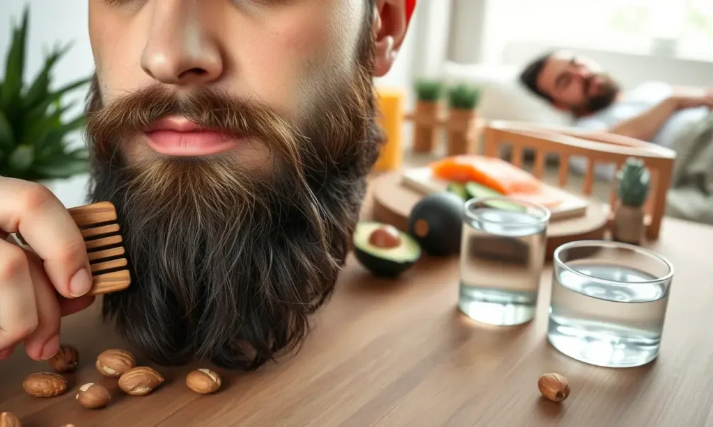 A close-up of a well-groomed beard being gently combed with a wooden beard comb, set on a natural wooden surface with soft morning light. Nearby are a bowl of fresh nuts, avocado, salmon, and a glass of water, symbolizing nutrition for beard health. In the blurred background, a man is seen doing light exercise and sleeping peacefully, representing lifestyle influences. No text, no logos, no watermarks, no artificial elements.