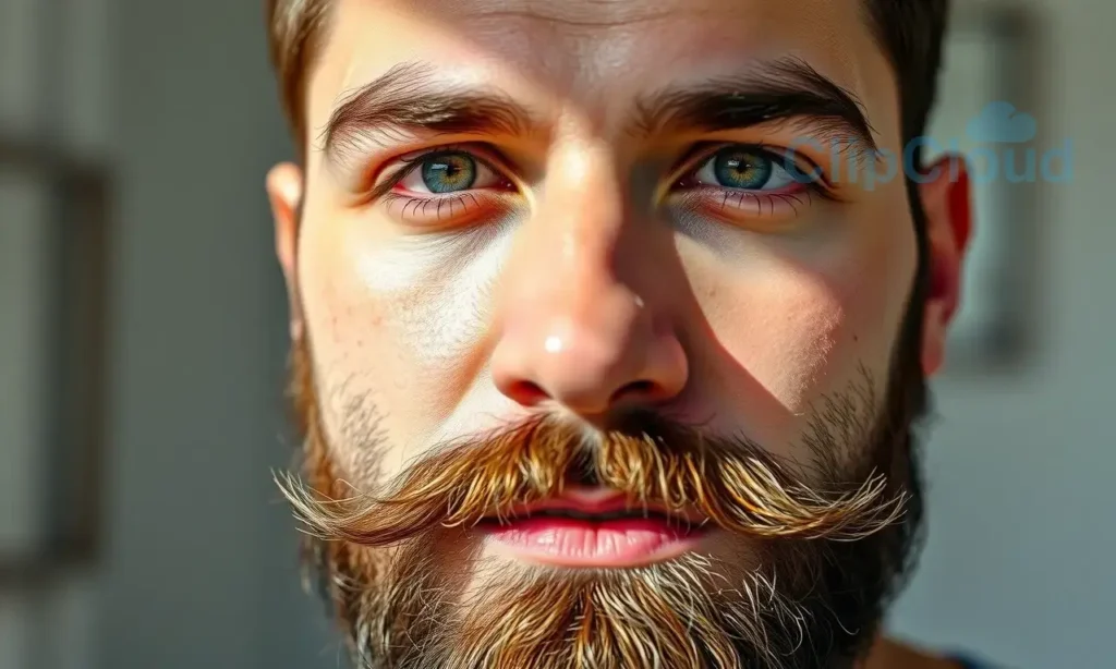 A close-up portrait of a man with a thick, well-groomed beard, standing in soft natural light, showing healthy facial skin with subtle oiliness visible on the T-zone, no shine or greasiness exaggerated, realistic skin texture, detailed beard hairs, neutral expression, modern grooming setting, shallow depth of background, high-resolution detail