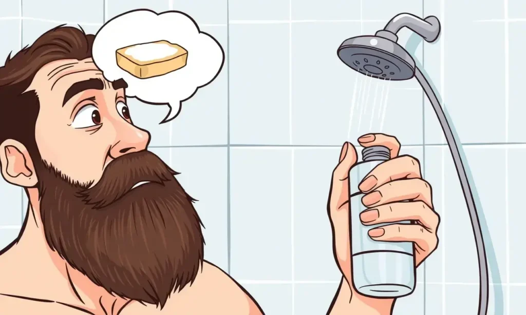 A man with a beard looking confused while holding a bottle of shampoo, with a thought bubble showing a bar of soap and a shower head, clean bathroom background, clear and detailed illustration