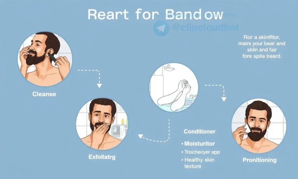 A step-by-step visual guide showing the preparation of skin and hair for beard growth, including cleansing, exfoliating, moisturizing, and conditioning. Depict a clean, well-lit bathroom environment with a man applying beard care products, using tools like a comb, brush, and washcloth. Show healthy skin texture, trimmed hair, and a focus on hygiene and grooming. Avoid any text, numbers, or prohibited content.