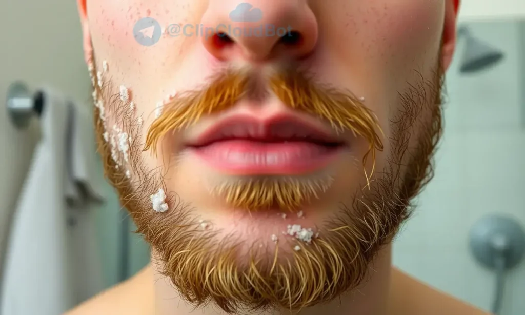 A close-up of a man's face with dry, flaky skin under his beard after a shower. The skin should appear slightly red and irritated, with visible flakes. The beard should be well-groomed but with some dryness visible at the ends. The background should be a simple bathroom setting with a towel and shower in the distance.