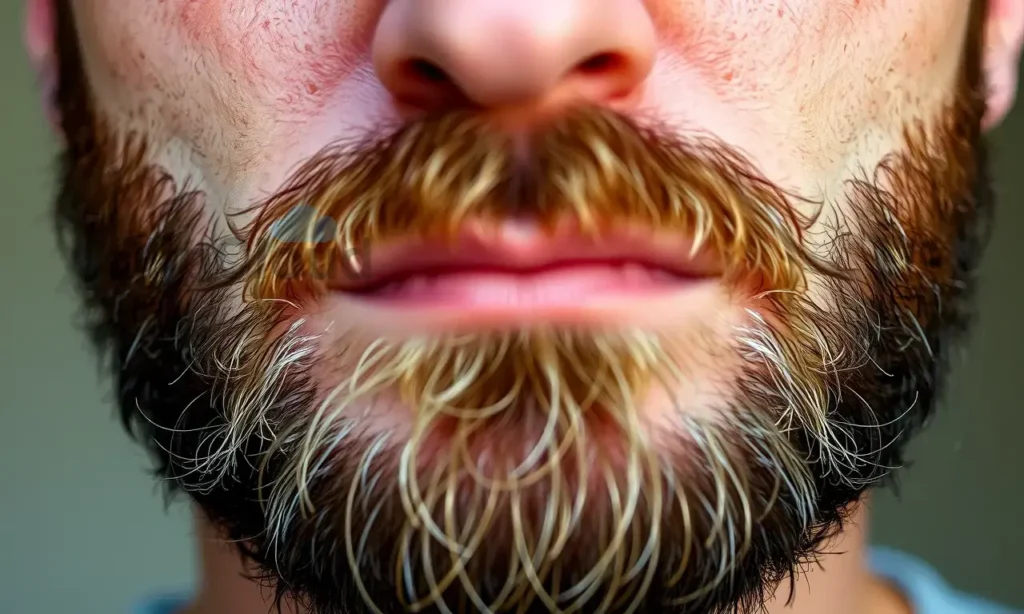 A close-up of a man's face showing a beard growing downward without volume, with visible hair strands pointing straight down, soft natural lighting, realistic skin texture, and subtle facial expression indicating mild concern or curiosity about beard shape