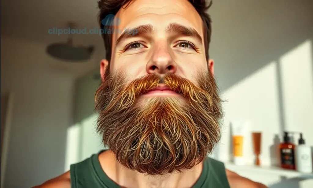 A confident man with a thick, well-groomed beard standing in natural daylight, his face showing oily skin texture with subtle shine on the T-zone, but the beard is dense, healthy, and full — emphasizing that beard growth is possible despite oily skin. Soft focus background of a modern bathroom with grooming tools (beard oil, comb, cleanser) subtly visible. Warm, natural lighting, realistic skin and hair detail, no text or symbols.