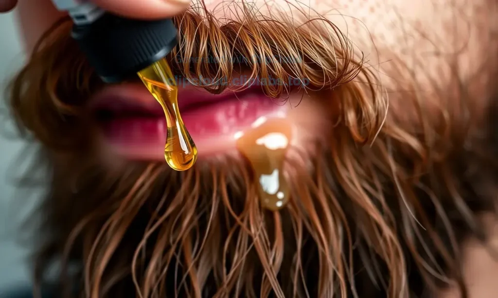 A close-up of a well-groomed beard with a few drops of specialized beard oil being applied, showing natural hair texture, subtle shine, and healthy skin underneath; soft natural lighting, shallow depth of field, realistic skin and hair details, no text, no logos, no synthetic additives visible