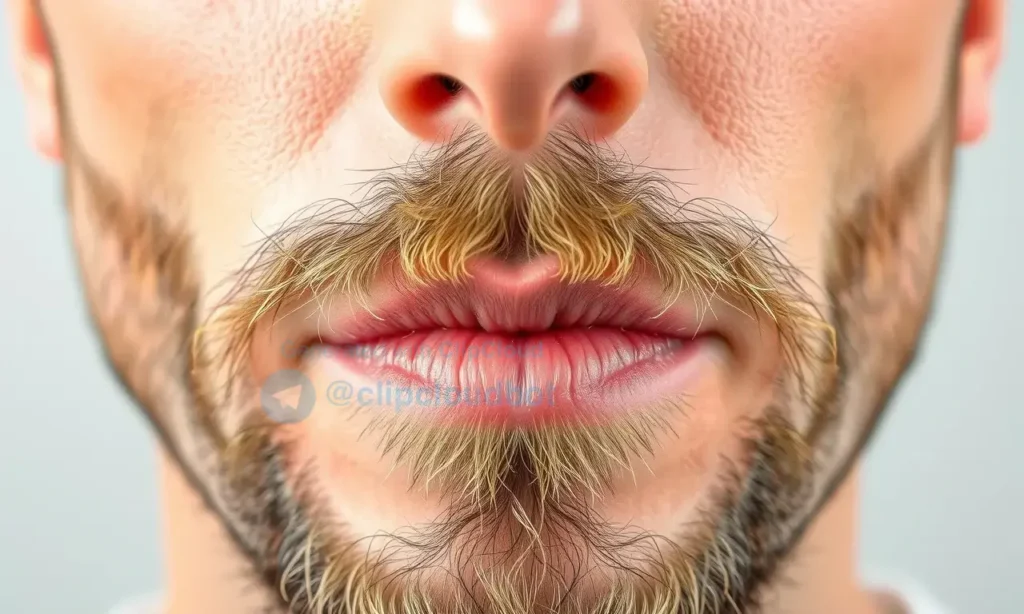 A close-up illustration of a man's face showing patchy and uneven beard growth, with some areas having sparse stubble and others with denser hair, highlighting irregular follicles and skin texture, soft natural lighting, realistic skin tones, no text or symbols