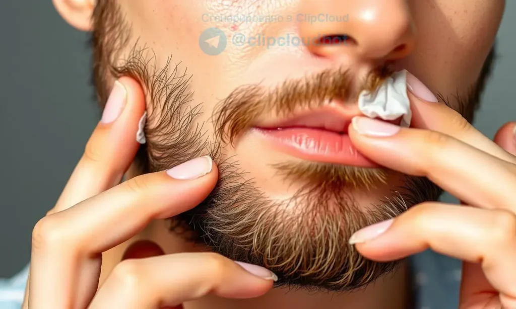 A close-up of a man's face with a well-groomed beard, showing gentle skincare routine: clean hands applying a soothing, non-comedogenic moisturizer to the skin under the beard, with visible signs of sensitive or problematic skin (light redness, minor blemishes) being carefully treated; soft natural lighting, neutral background, focus on skin and beard texture, no text or symbols