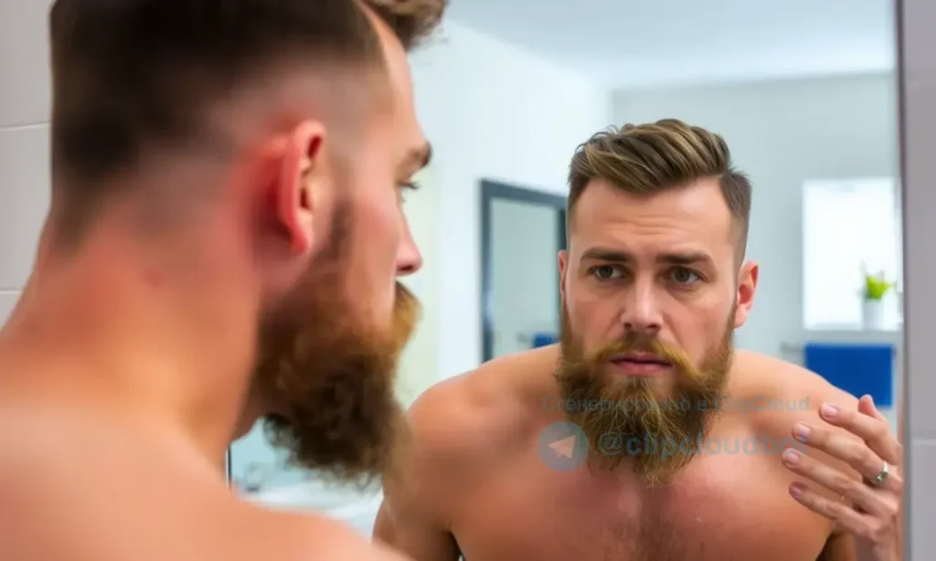 A man with a beard and mustache, looking at his face in a mirror, showing signs of beard and mustache odor, such as sweat or food particles, in a bathroom setting