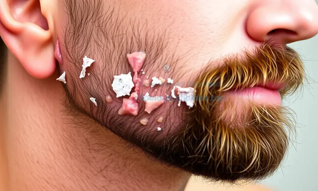 A close-up image of a man's face with a beard, focusing on the area under the beard where the skin appears dry and flaky after a shower. The skin should show signs of peeling and slight redness, indicating irritation. The beard should be well-groomed but not overly styled. The background should be neutral and not distracting, allowing the viewer to focus on the skin condition.