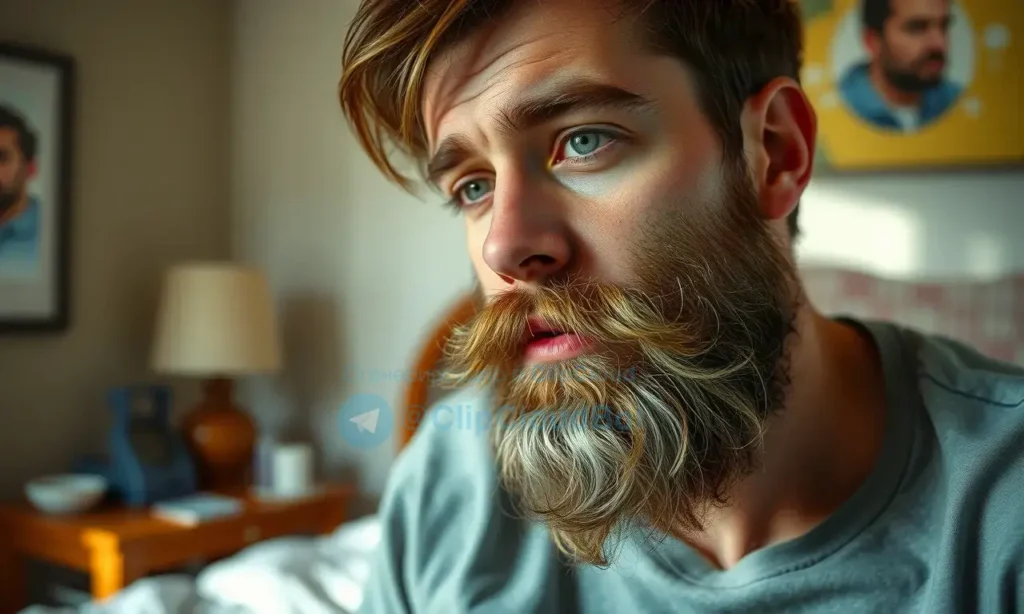 A man with a messy beard after waking up, looking disheveled and tired, in a bedroom setting with morning light, showing the beard in detail, realistic style