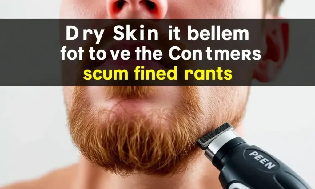 A person's face showing dry skin after using a trimmer and trimming beard contours, with visible skin irritation, redness, and flakiness. The background is neutral and blurred to focus on the skin condition.