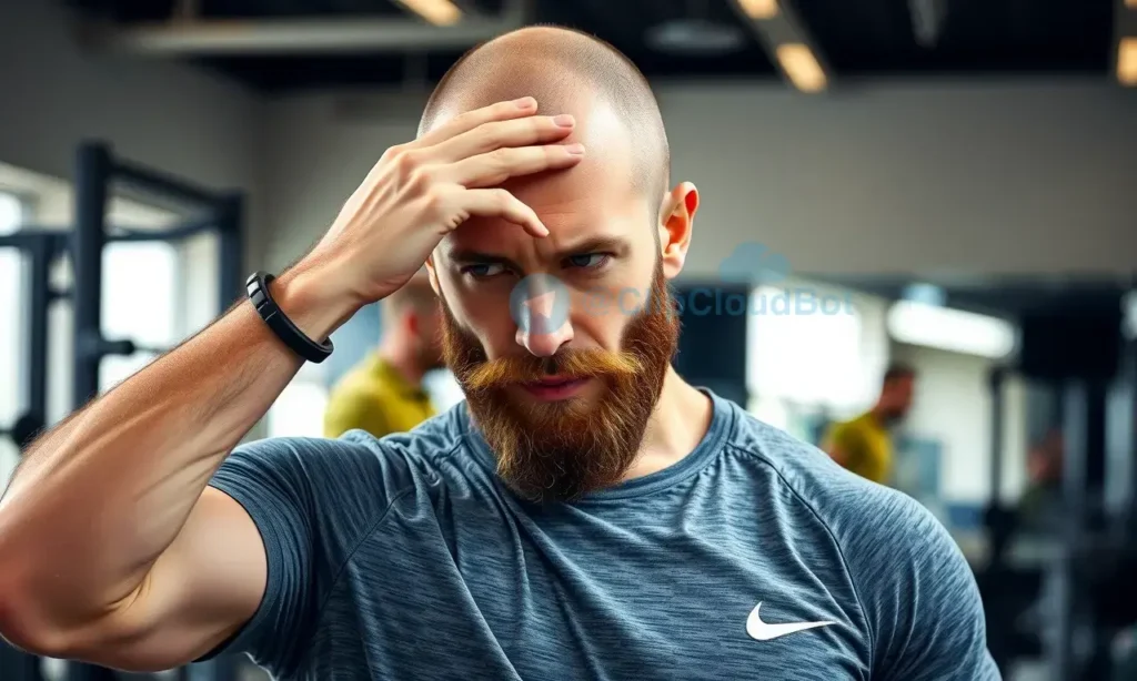 A fit man with a well-groomed beard wiping sweat from his forehead during an intense workout, wearing a moisture-wicking athletic shirt, standing in a modern gym with equipment in the background, natural lighting highlighting the texture of his beard and skin, realistic style, no text or symbols visible