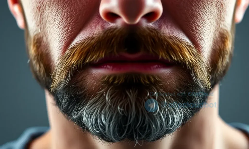 A close-up of a man's face showing a thin beard after illness, with a subtle overlay of healthy, fuller beard growth emerging from the skin, symbolizing restoration of beard density, natural lighting, realistic skin texture, no text or symbols on the face