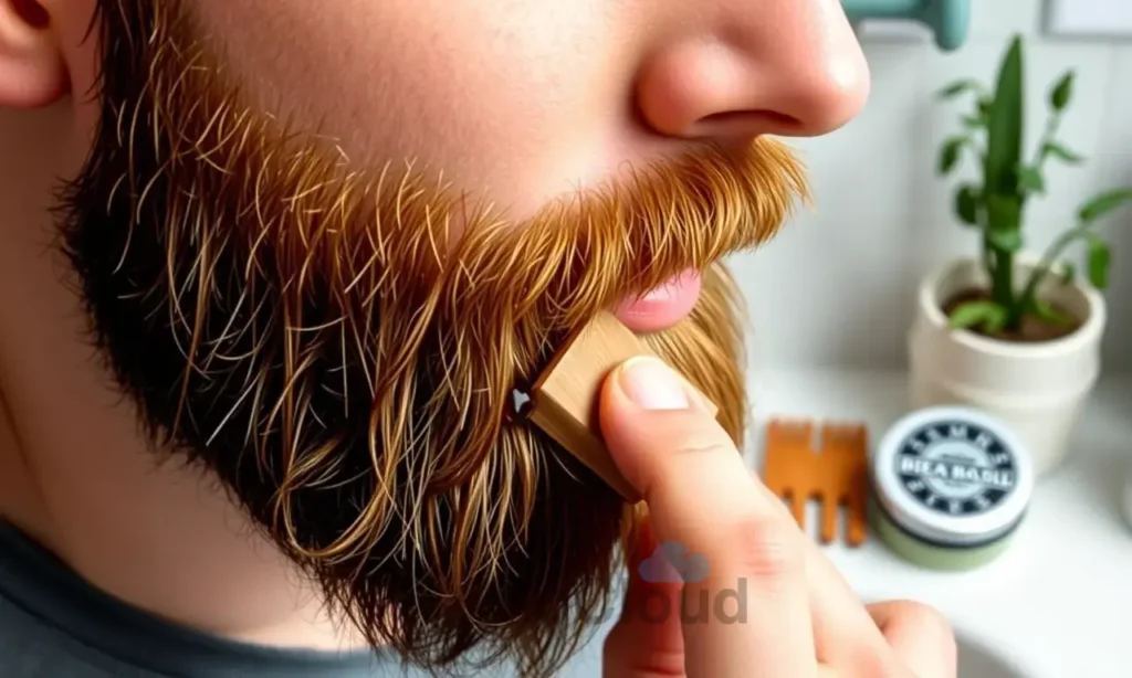 A close-up of a well-groomed beard being gently brushed with a natural bristle brush, showing healthy facial hair and skin, with subtle droplets of beard oil being applied, soft natural lighting, clean bathroom counter in background with wooden comb, beard balm, and a small potted eucalyptus plant, no text or symbols visible