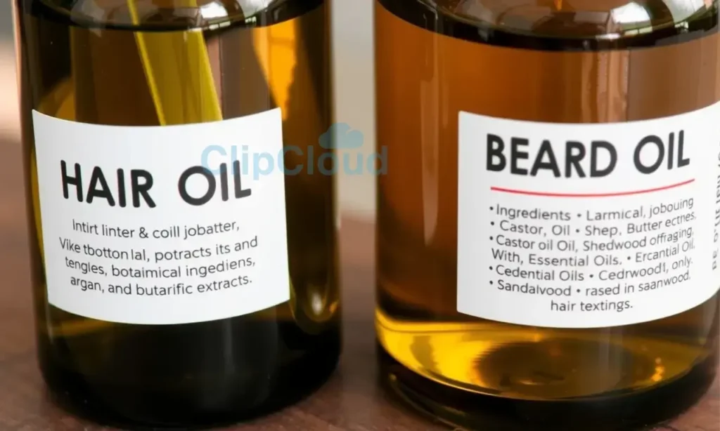 A close-up comparison of two bottles: one labeled 'Hair Oil' with a lighter, more fluid texture and botanical extracts like argan and jojoba, and another labeled 'Beard Oil' with a thicker consistency, containing ingredients such as castor oil, shea butter, and essential oils like cedarwood and sandalwood; both bottles are placed on a wooden surface with soft natural lighting, highlighting the difference in viscosity and formulation, no text or labels visible on the bottles themselves, only impl