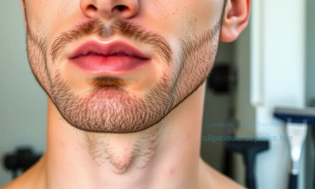 A close-up of a well-groomed man with a neatly trimmed short beard, clean-shaven cheeks, smooth skin without irritation, natural lighting, realistic skin texture, subtle stubble around the jawline, no visible razor marks or redness, professional grooming tools subtly visible in background, high detail, sharp focus