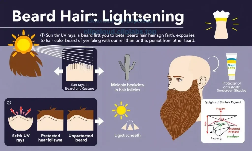 A detailed infographic showing the process of beard hair lightening due to sun exposure, with clear visual steps: 1) Sun UV rays hitting a beard, 2) Melanin breakdown in hair follicles, 3) Hair color fading to lighter shades, 4) Comparison of protected vs unprotected beard with sunscreen application, 5) Scientific diagram of UV radiation effects on pigment, all in clean educational style with labels and arrows