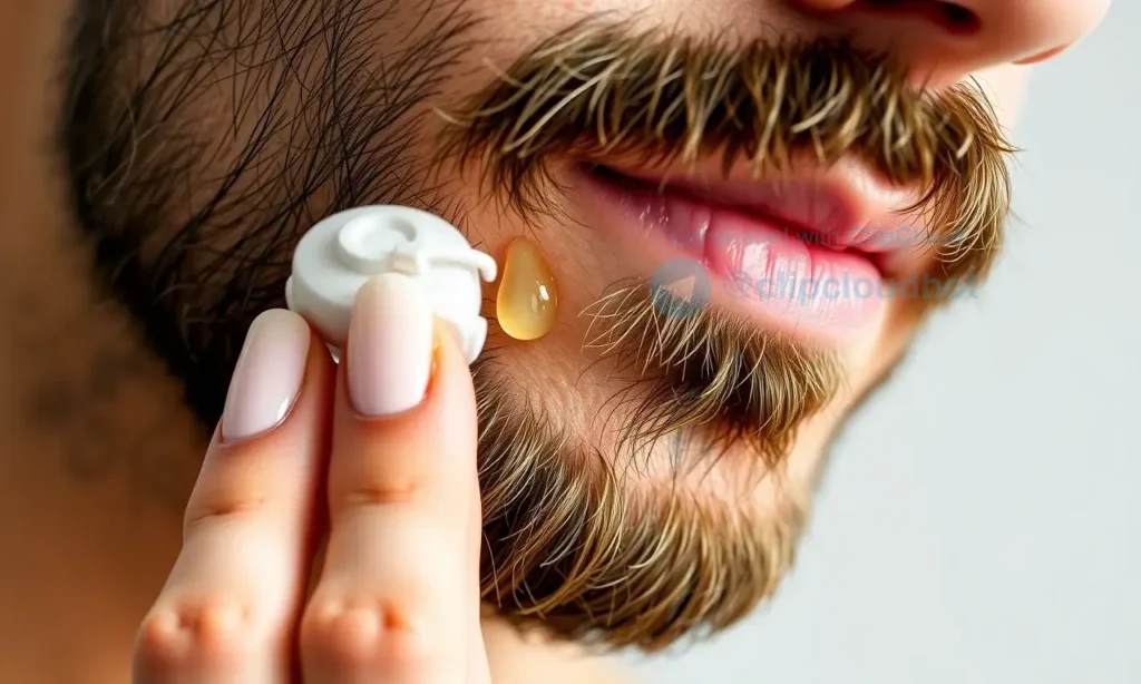 A close-up of a man's face with a well-groomed beard, showing gentle skincare application on the skin beneath the beard — light moisturizer being dabbed onto slightly irritated but clean facial skin, soft natural lighting, realistic skin texture, no visible acne or inflammation, focus on beard health and skin care harmony, subtle beard oil droplets on facial hair, neutral background