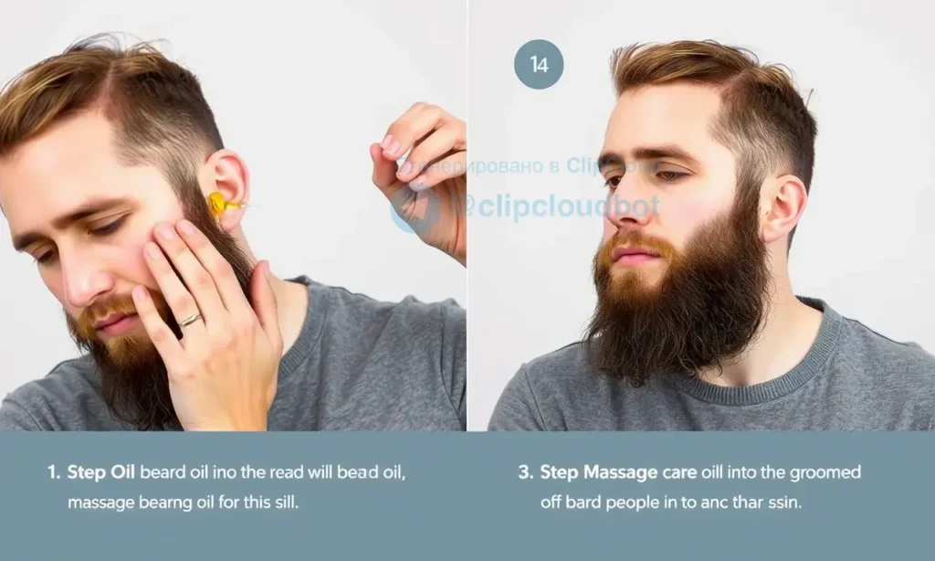 A person applying beard oil to their beard, showing a step-by-step process. The image should depict a hand massaging beard oil into a well-groomed beard, with a focus on the application technique. The background should be neutral and clean to emphasize the action. The person should have a confident expression, and the beard oil should be visible as it is being worked into the hair and skin.