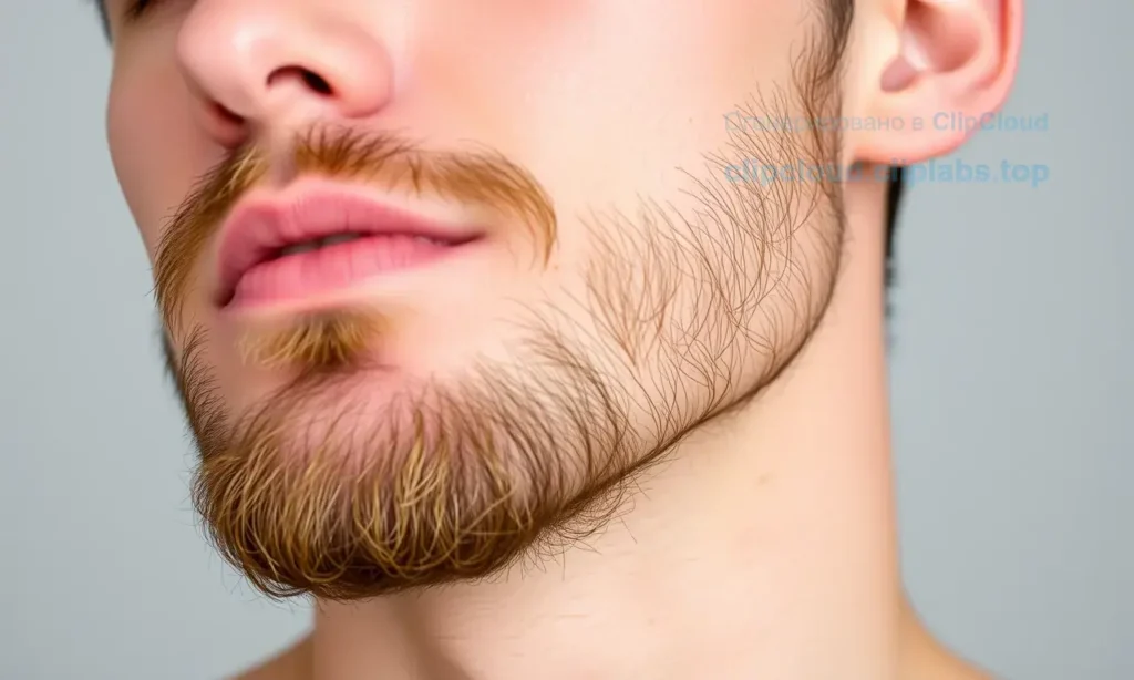 A close-up image of a man with a beard, focusing on the skin under the beard. The skin should appear slightly flaky and dry, indicating the issue of peeling after a shower. The beard should be well-groomed but with visible signs of dryness. The background should be neutral and not distracting, allowing the focus to remain on the skin and beard.