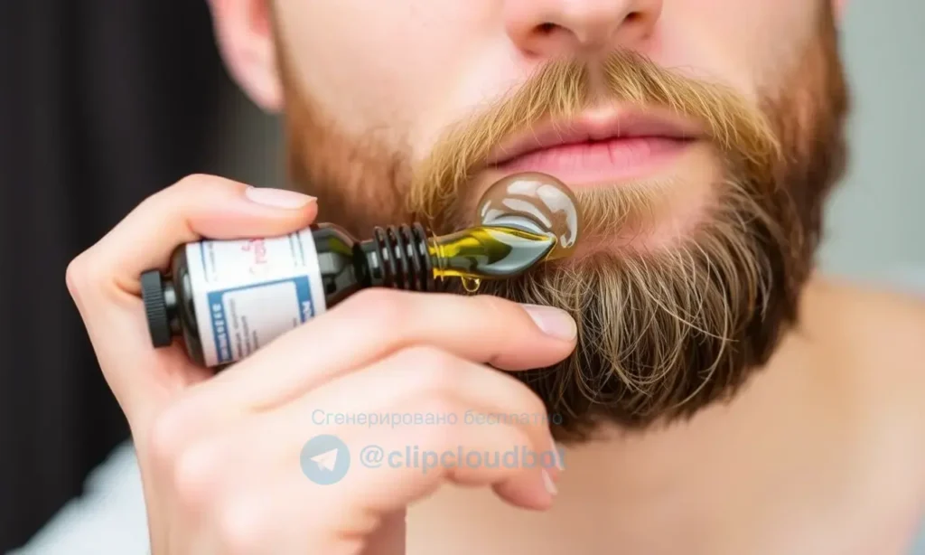 A person applying beard oil to a beard, with clear focus on the oil being absorbed into the skin and hair, showing healthy beard growth and moisturized skin, in a natural, clean setting