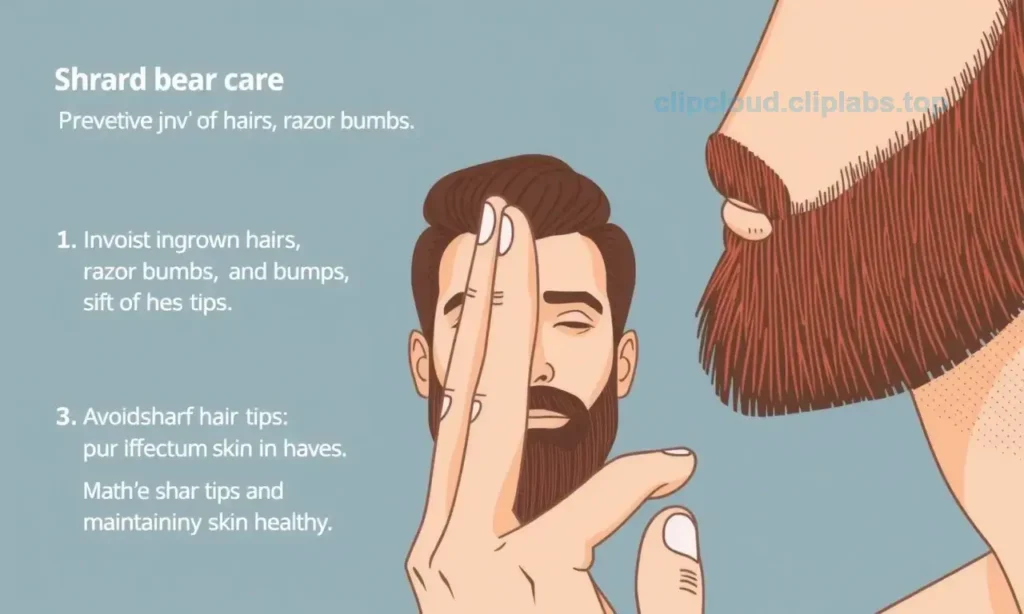 A close-up illustration showing a man with a well-groomed beard demonstrating proper beard care techniques to prevent ingrown hairs, razor bumps, and inflammation, with clear visual guidance on avoiding sharp hair tips and maintaining skin health